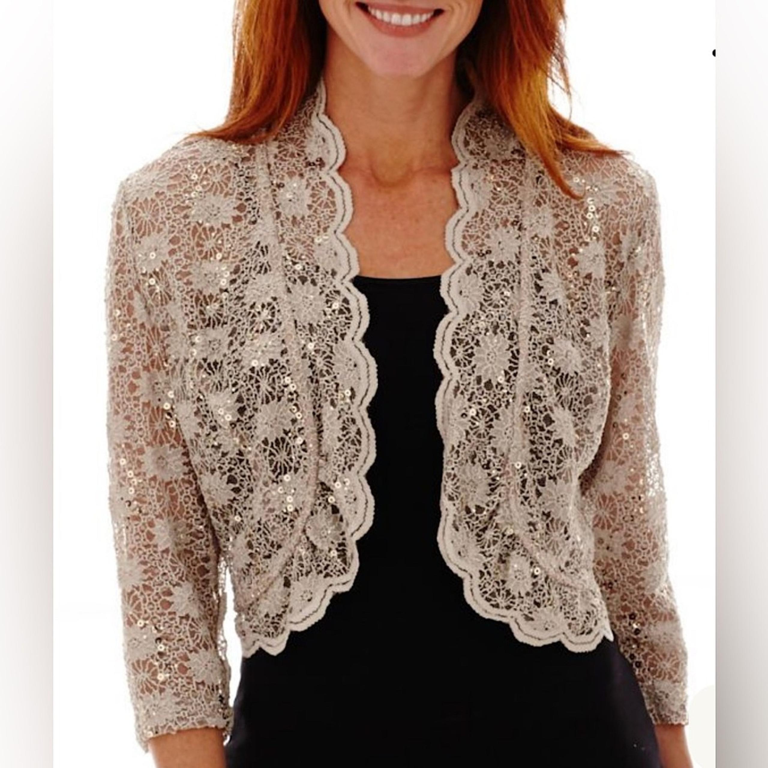 R&M Richards Sheer Lace Neutral Champagne Sequin Bolero Jacket Stretch Open XL