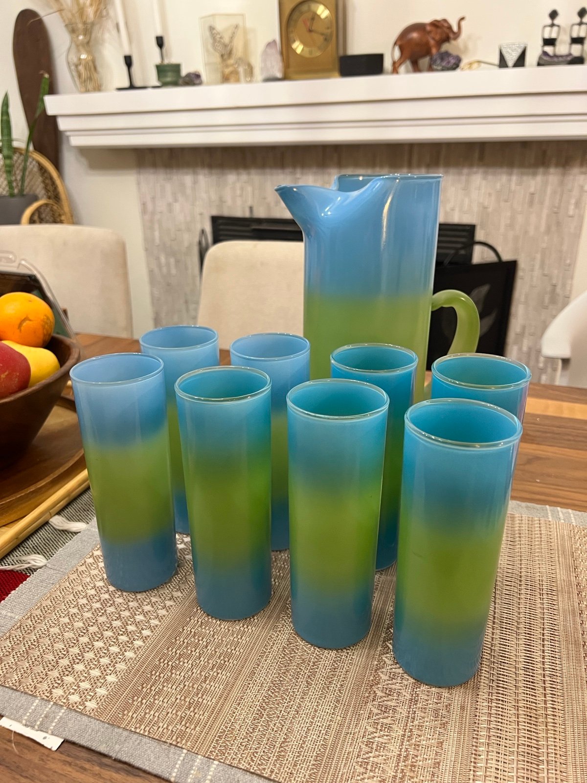 Rare Vintage WV Blendo Glass Cocktail Pitcher Set Blue Green Set 9 pieces