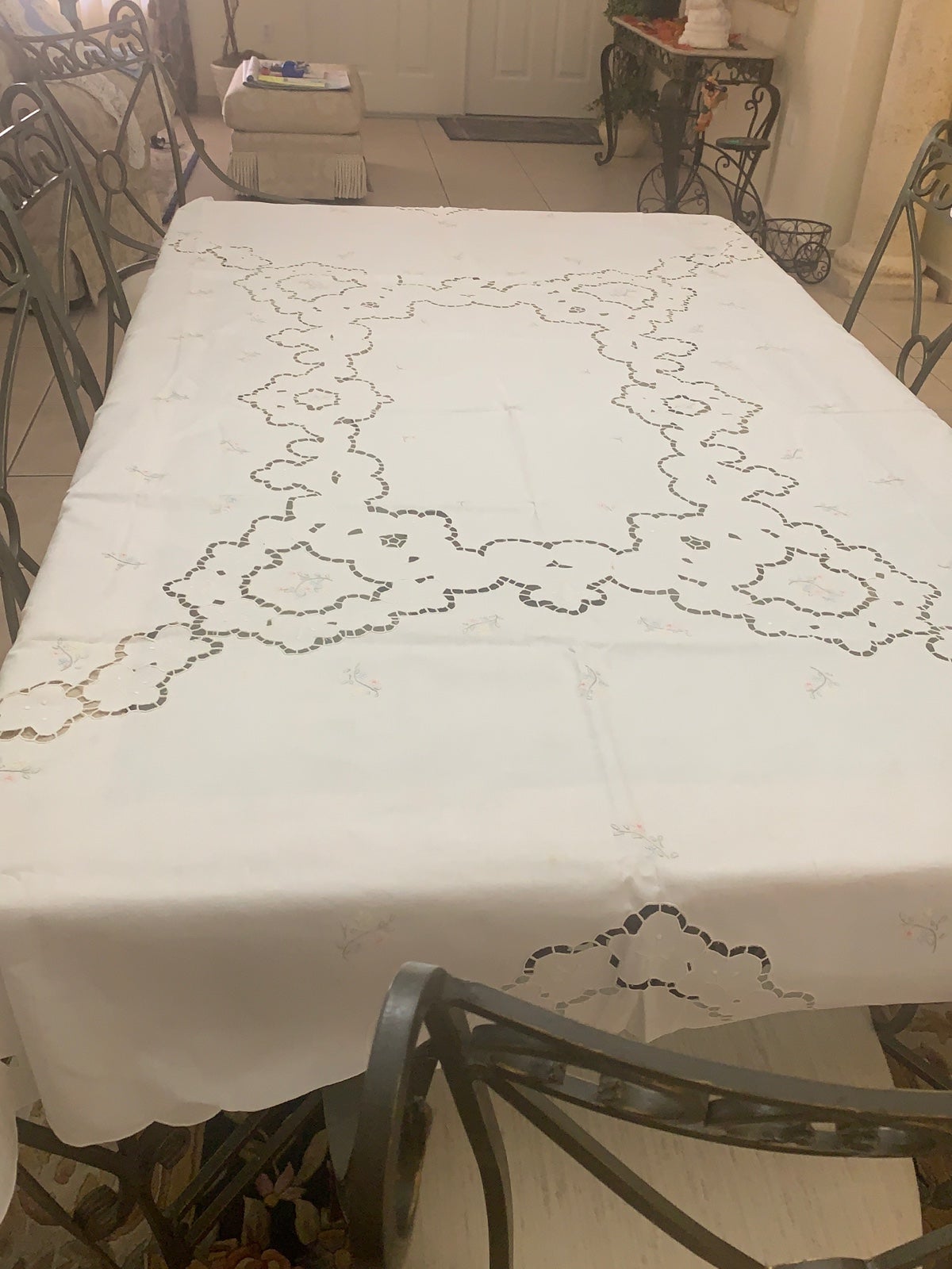 Handmade floral linen embroidered tablecloth