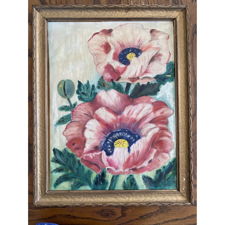 Antique Pink Poppy Painting in Gold Frame 21 x17