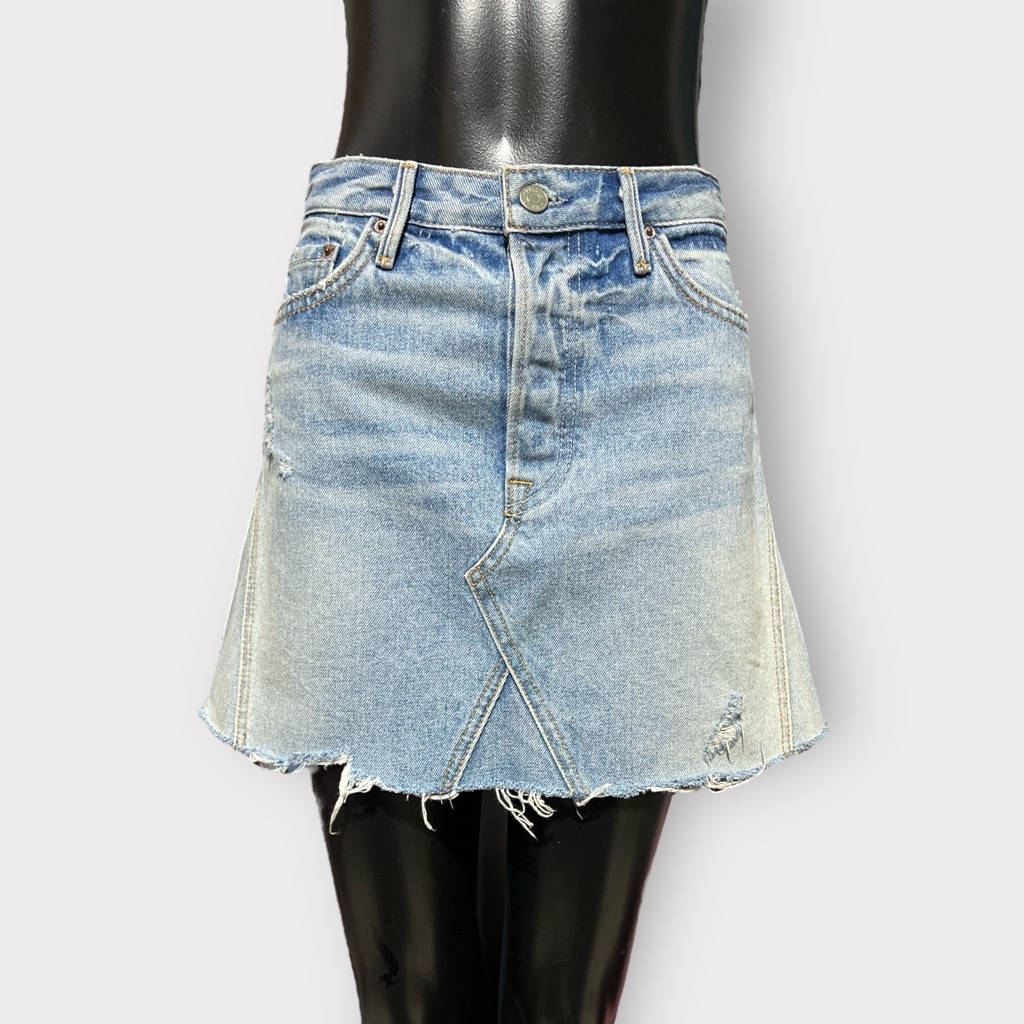 GRLFRND Eva A-Line Denim Mini Skirt NEW sz 25 Button Fly Pockets Distressed Blue