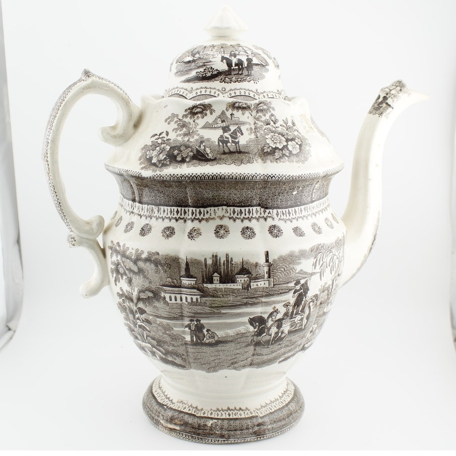 Antique English Transferware Coffee Pot 2 Cups and Saucers circa early 1800s