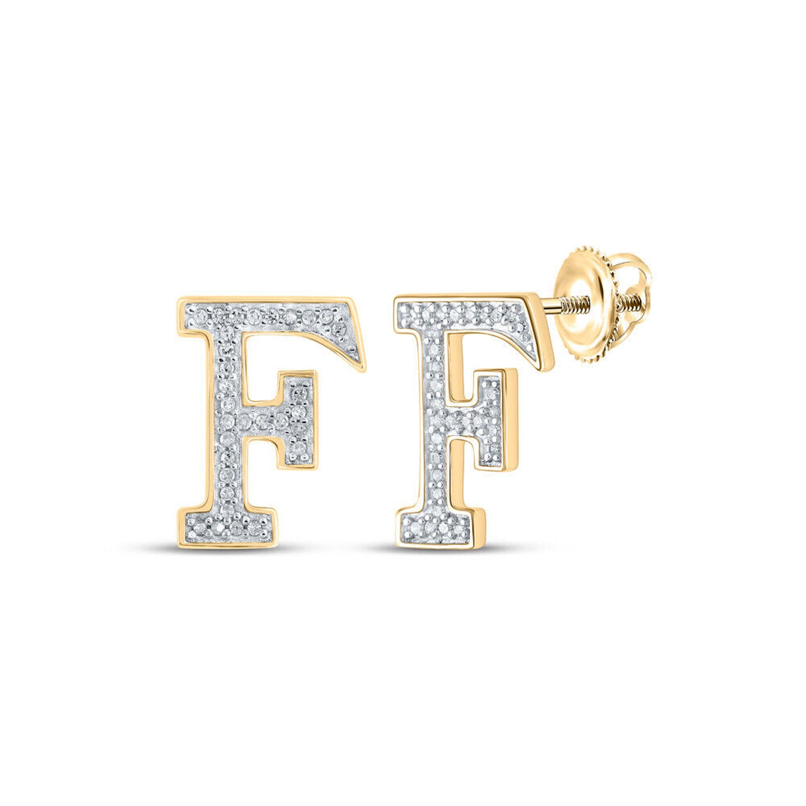 10kt Yellow Gold Round Diamond F Initial Letter Earrings