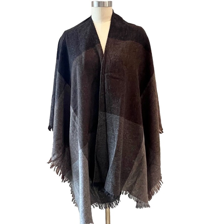 Eileen Fisher Viaggio Wool Blend Serape Shawl One Size Brown Gray Lagenlook Chic