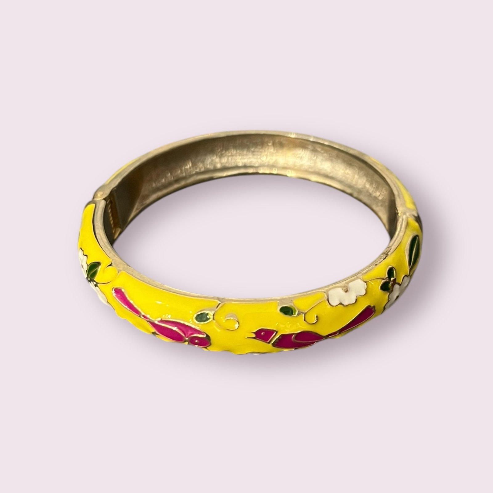 Vintage Estate Cloisonné Yellow Enamel Bird Flowers Bangle Bracelet