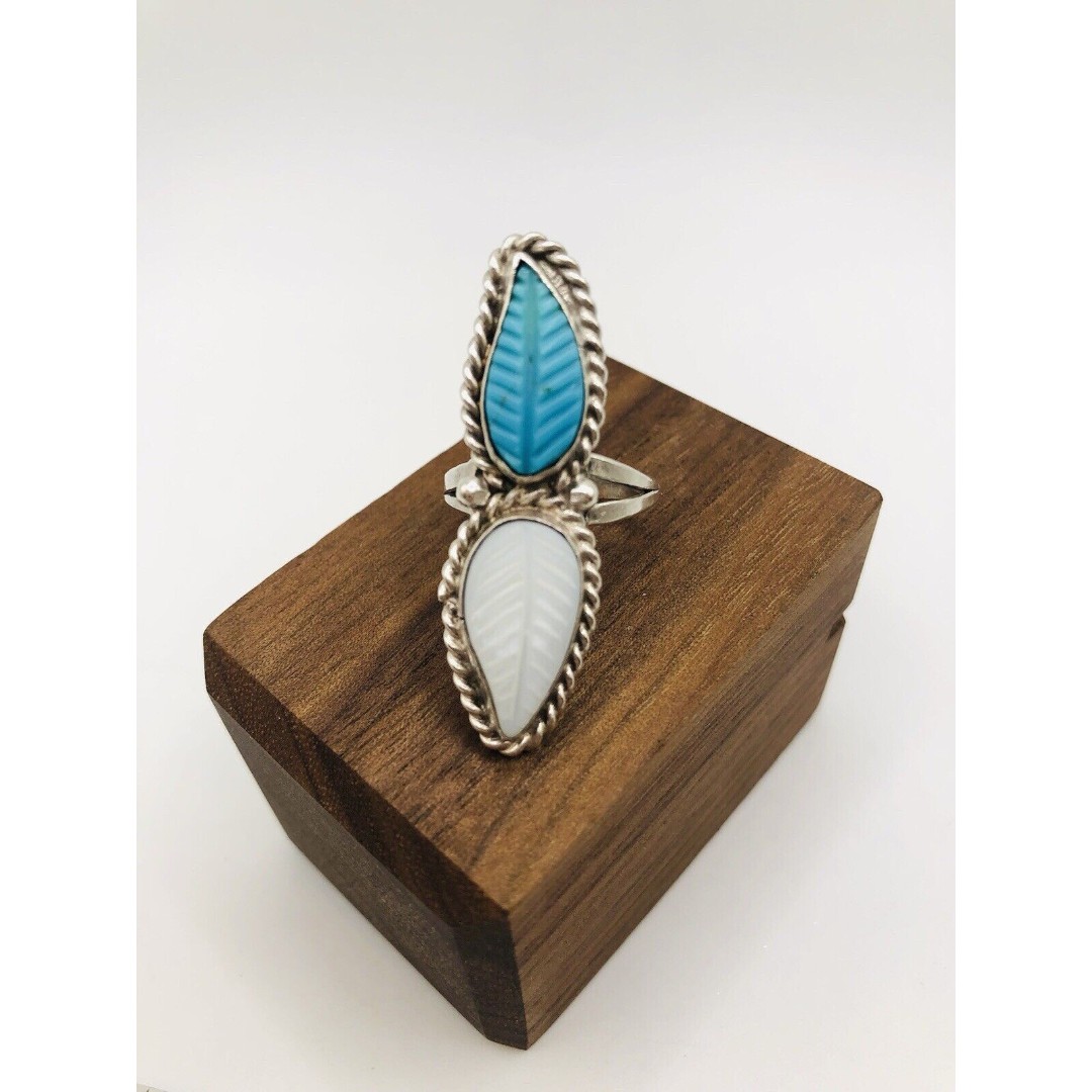 LEE CHARLEY JR ~NAVAJO STERLING ~TURQUOISE & MOTHER OF PEARL FEATHER RING-Signed