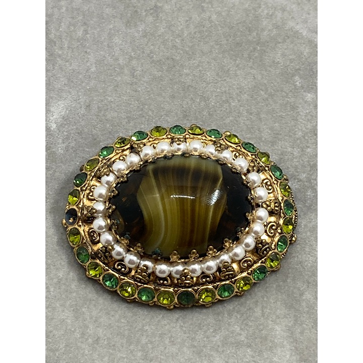 Vintage West Germany Porphyry Glass Oval Faux Pearls Green Rhinestones Brooch Pi
