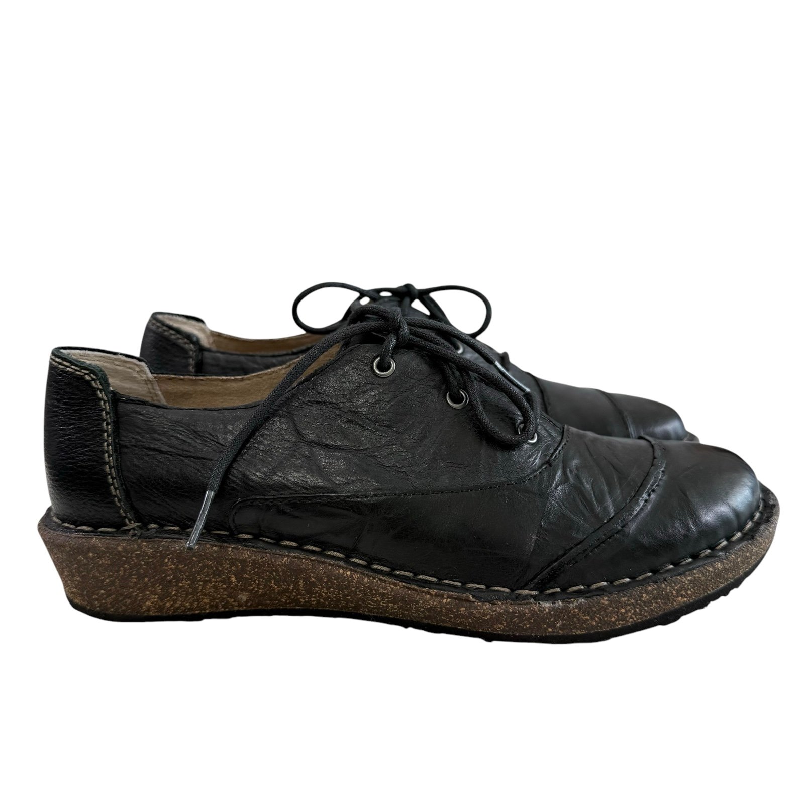 Aetrex Kerry Black Leather Lace-Up Mini Wedge Cork Oxford Women’s Size 7.5-8