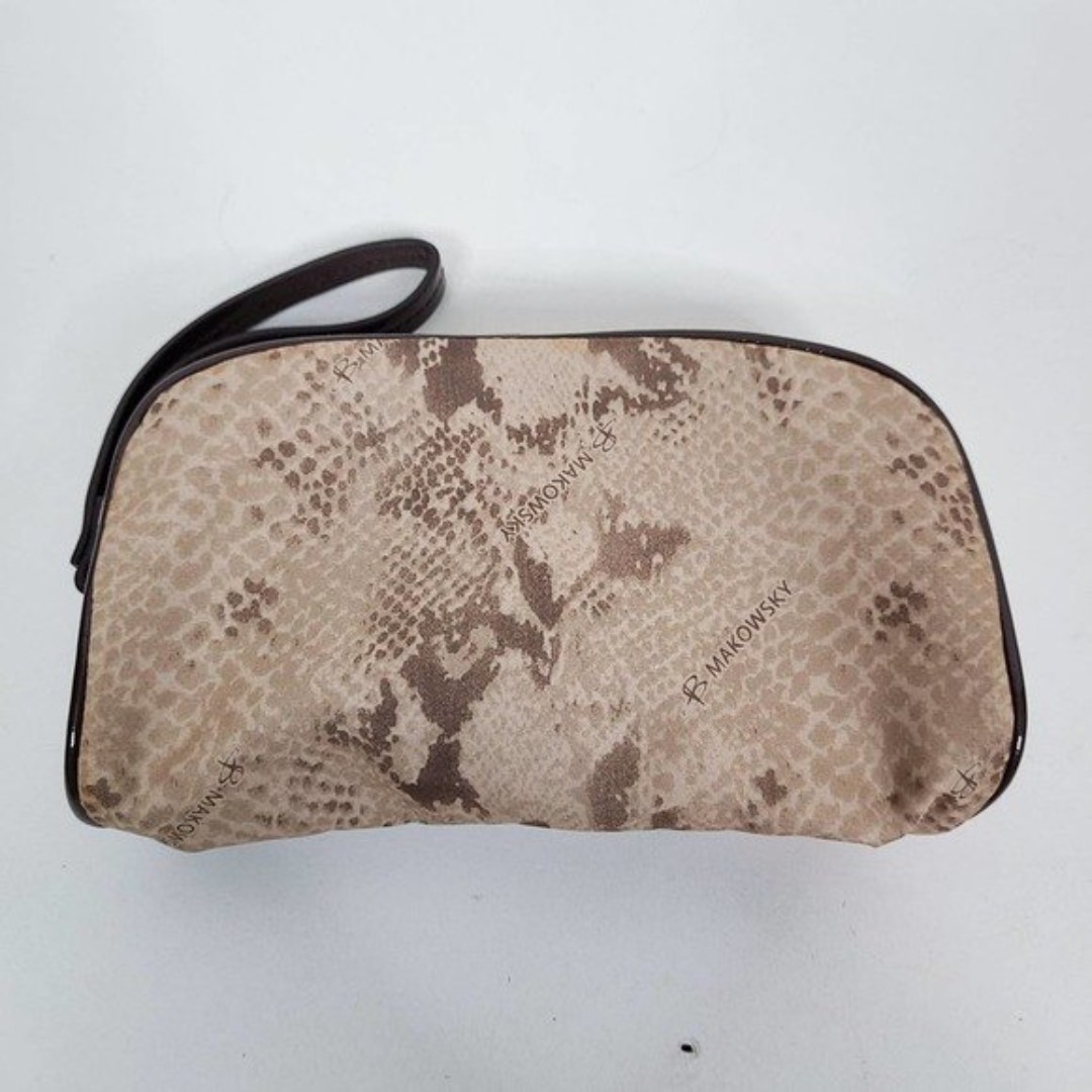 B MAKOWSKY Snakeskin Cosmetic Bag Wristlet Pouch Tan Brown B MAKOWSKY Snakeskin Cosmetic Bag Wristlet Pouch Tan Brown