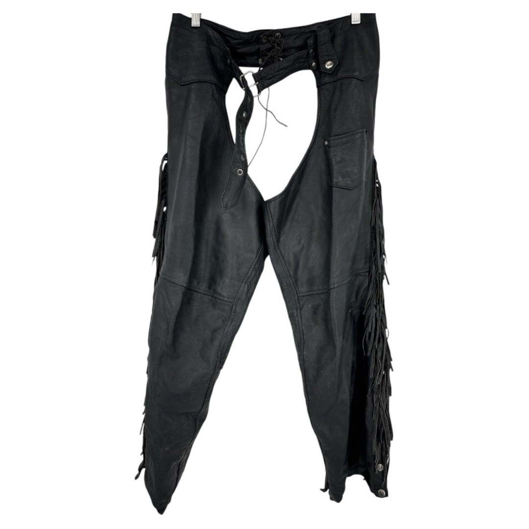 Allstate Leather chaps Black Fringe Size XL unisex lined buffalo