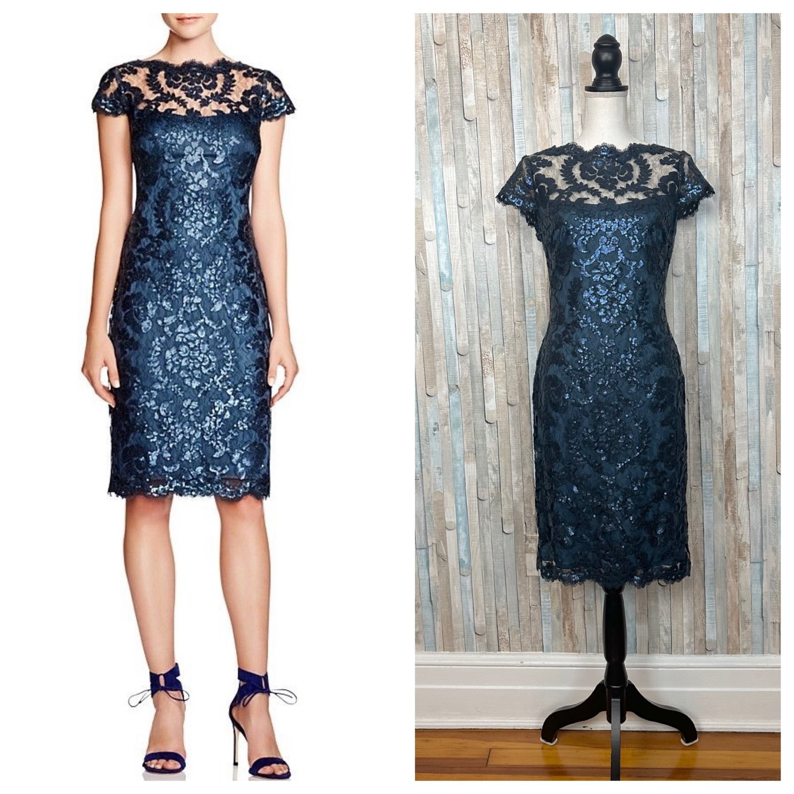 Tadashi Shoji 8 Teal Blue Sequin Illusion Lace Fitted Sheath Dress Party 348