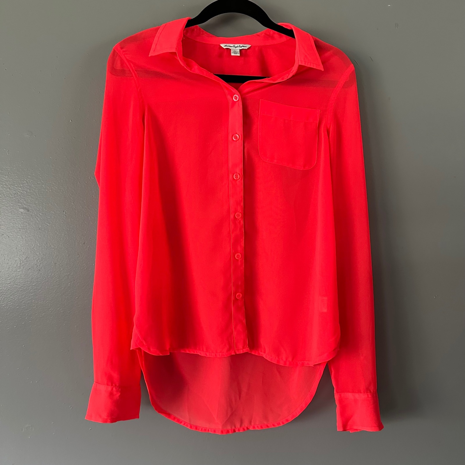 American Eagle neon pink, long-sleeved, sheer button-up shirt