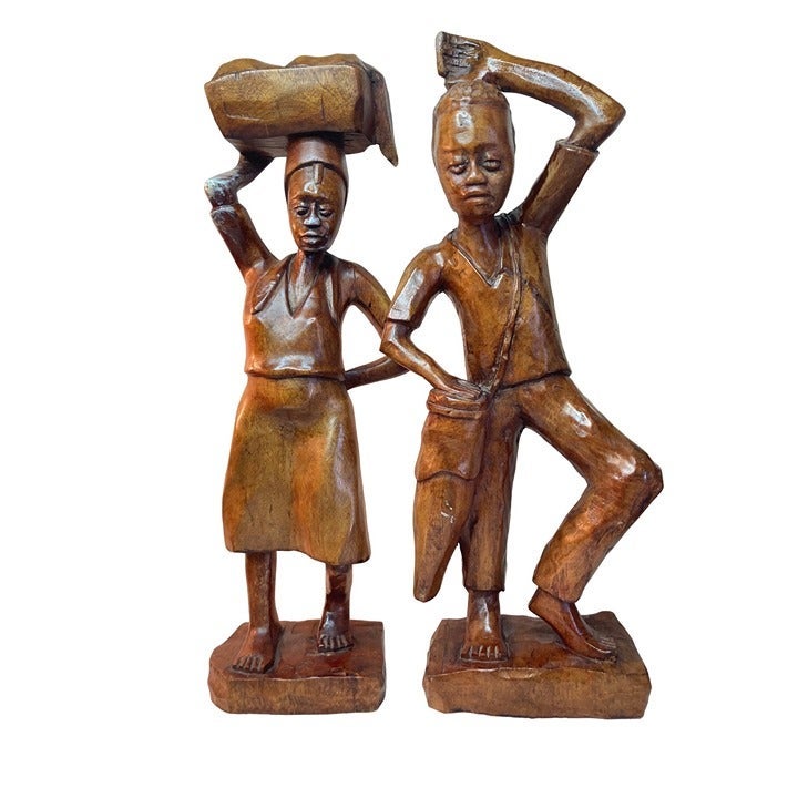 Vtg MAN WOMAN AFRICAN TROPICALTRIBAL ASIAN WOOD STATUES Heavy SET 2 Tall 20”