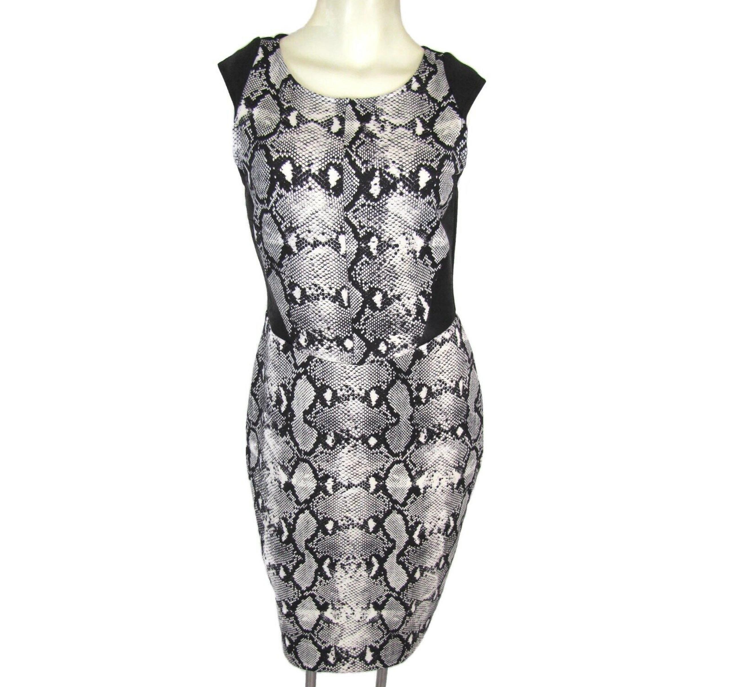 Snake Print Weston Black White Sheath Dress M Scuba Isela Cap Sleeve $158