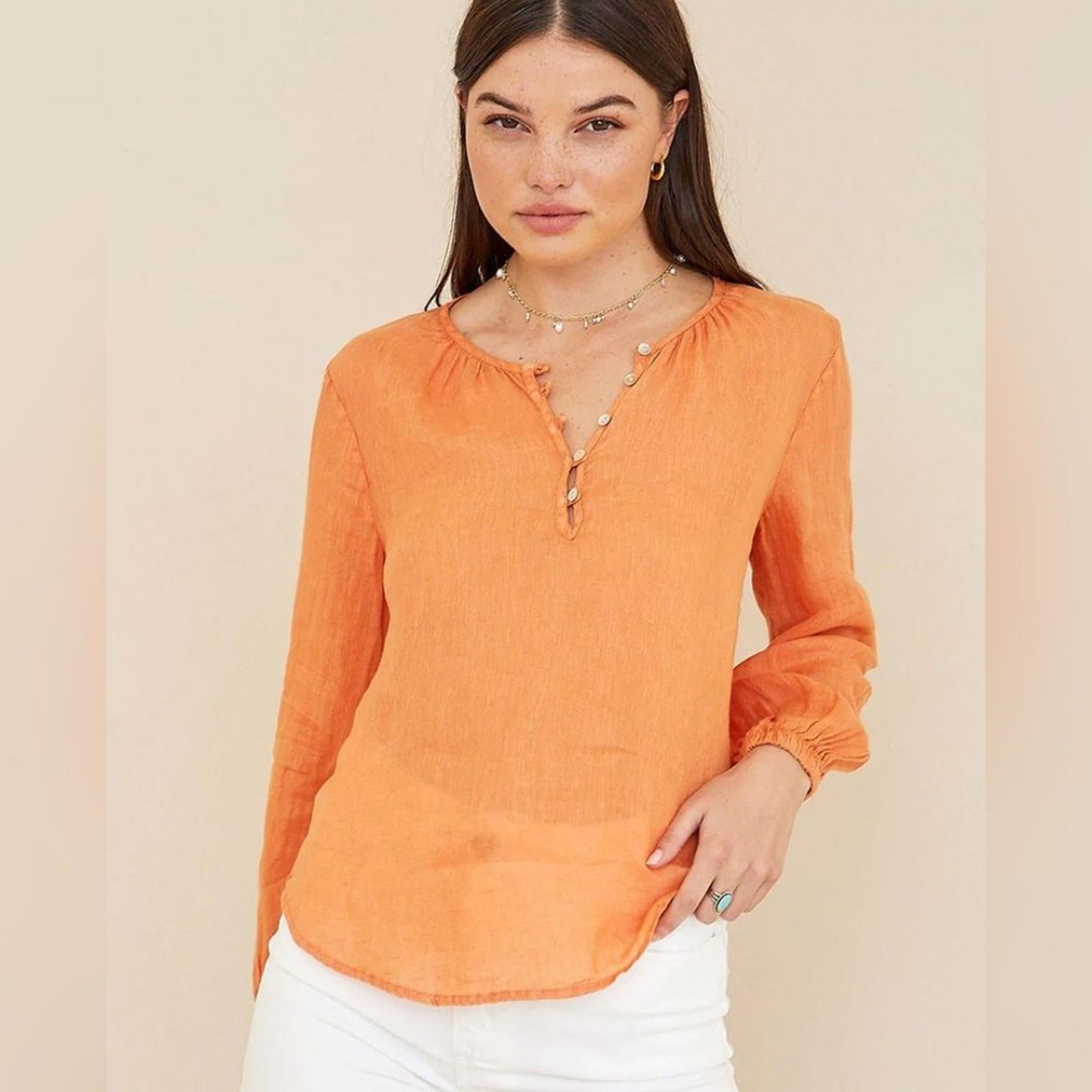 Bella Dahl 100% Linen Long Sleeve Button Loop Women's Pullover Top Blouse(SizeS)