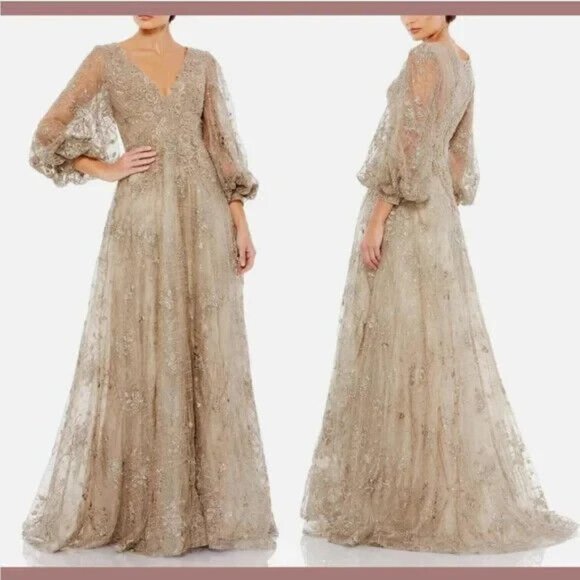 Mac Duggal Mocha Rhinestone Beaded Lace & Embroidery A-Line Gown