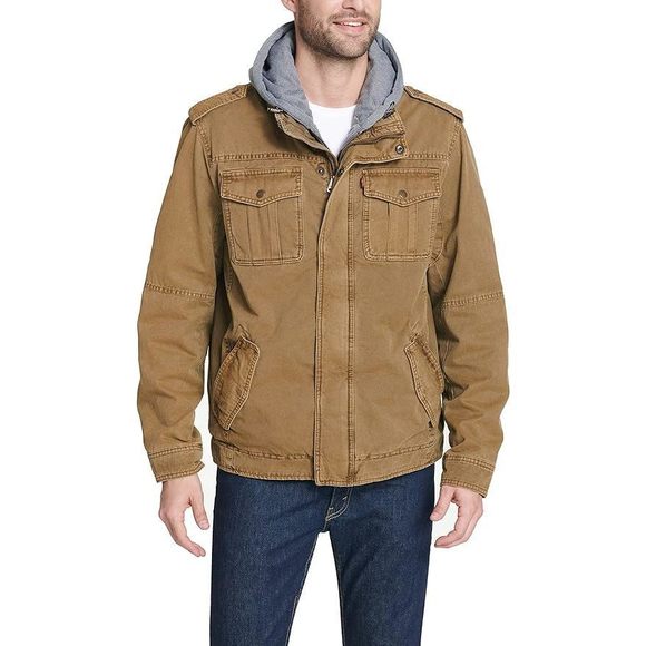 NWT- Levi's Washed Cotton Hooded Military Jacket (Brown)