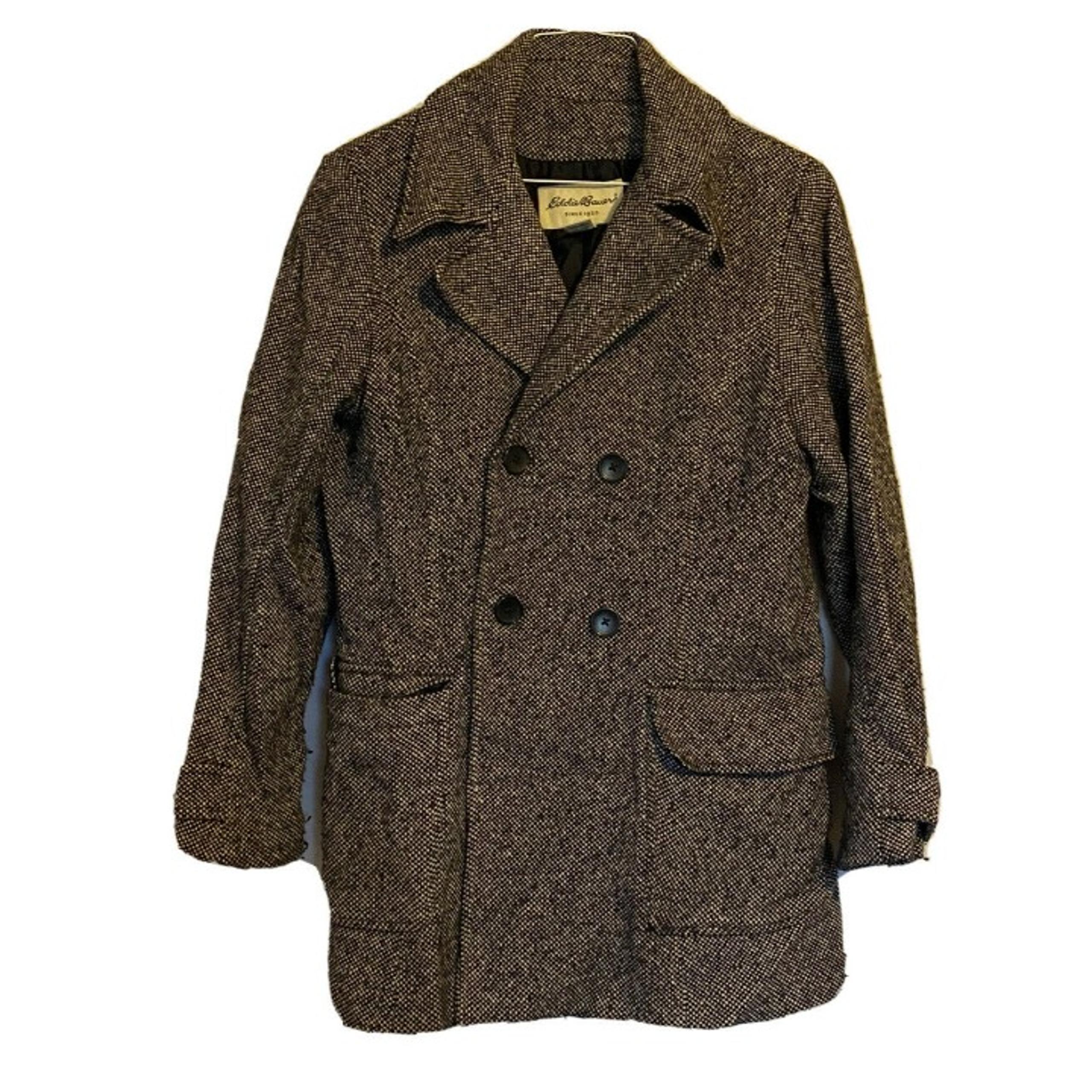 Eddie Bauer Pea Coat Womens Small Black White Double Breasted Mottled Wool Tweed