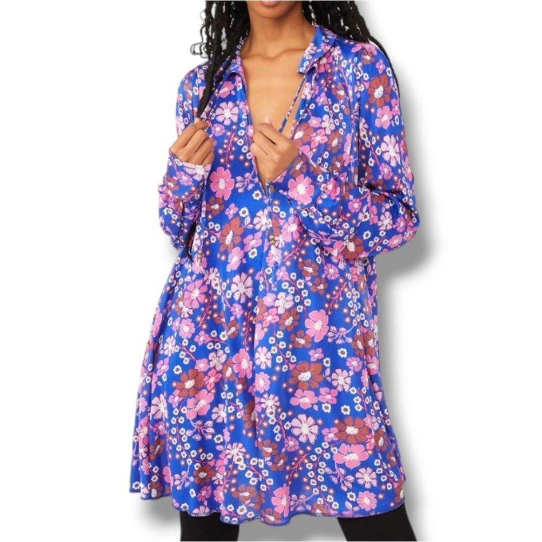Free People Daisy Jane Long Sleeve Mini Dress Retro Floral Bontanical New XS