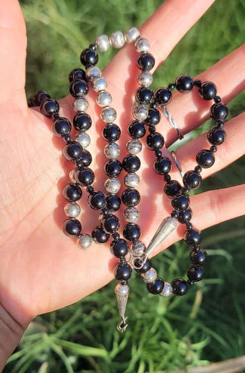 Vintage Native American onyx ball and sterling silver ball necklace
