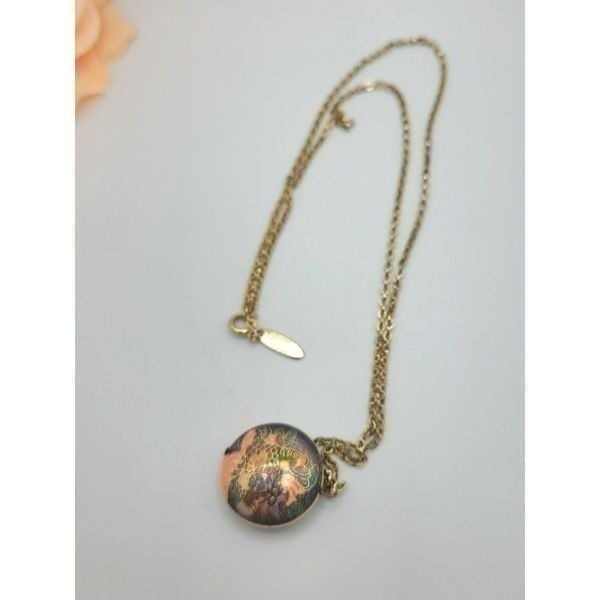 Vintage Signed gold chain circle Colisonne koi fish necklace