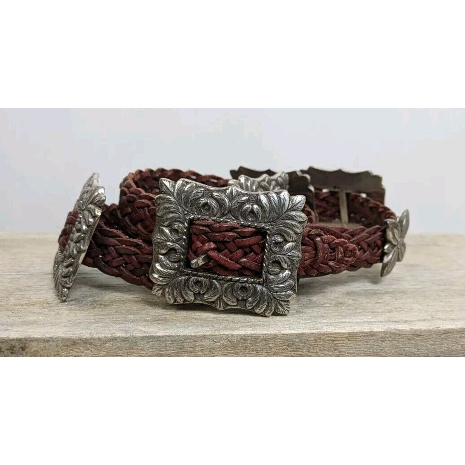 Vintage Brighton Silver Heavy Concho Leather Braided Belt 1994 Made USA XL