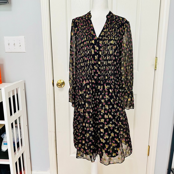 EUC DIANE VON FURSTENBERG DVF SILK FLORAL METALLIC BOHO PLEATED DRESS SZ 4