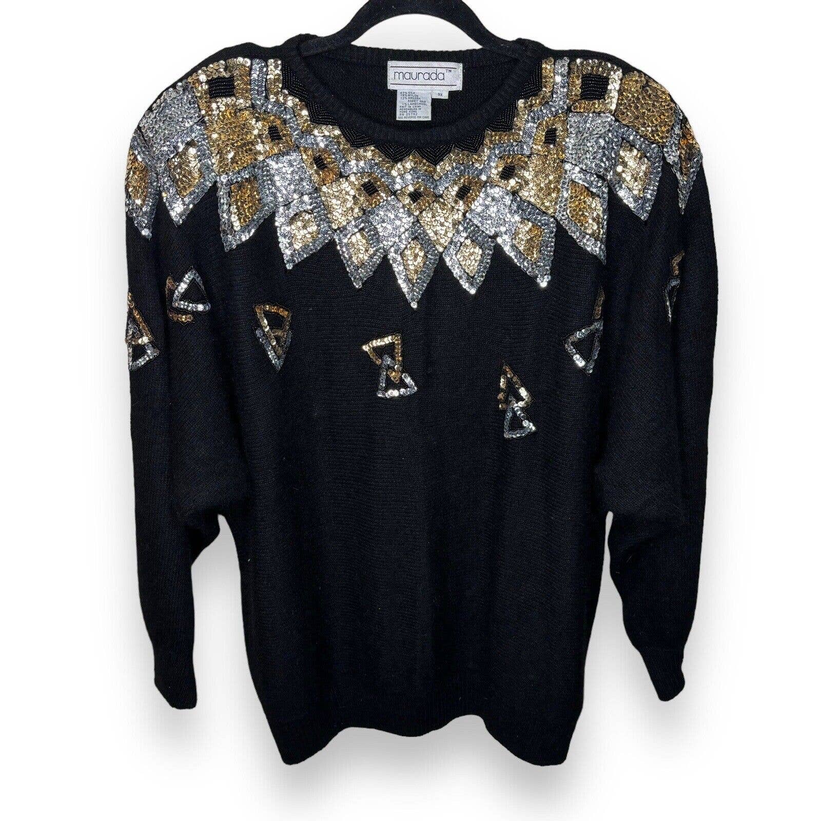 VTG Maurada Women's 3X Silk Angora Blend Sequin Sweater Black Gold Silver Party