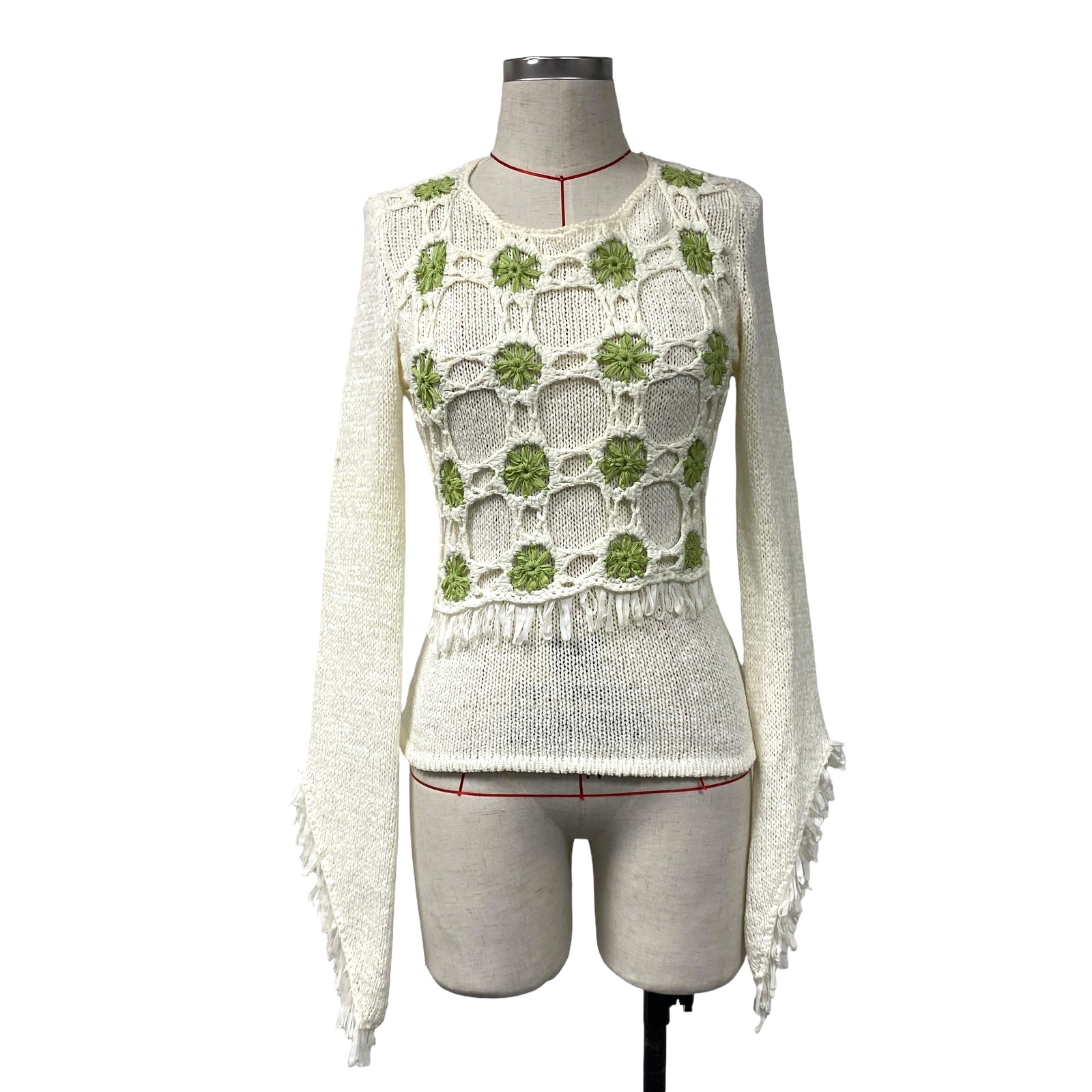 Vintage Womens Knit Crochet Flower Detail Fringe Sleeve Top