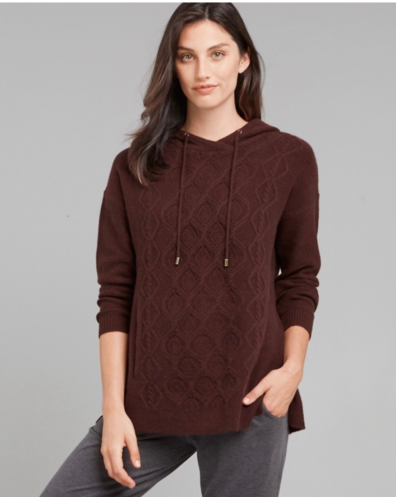 Garnet Hill Cashmere Cable Knit Front Hoodie Sweater