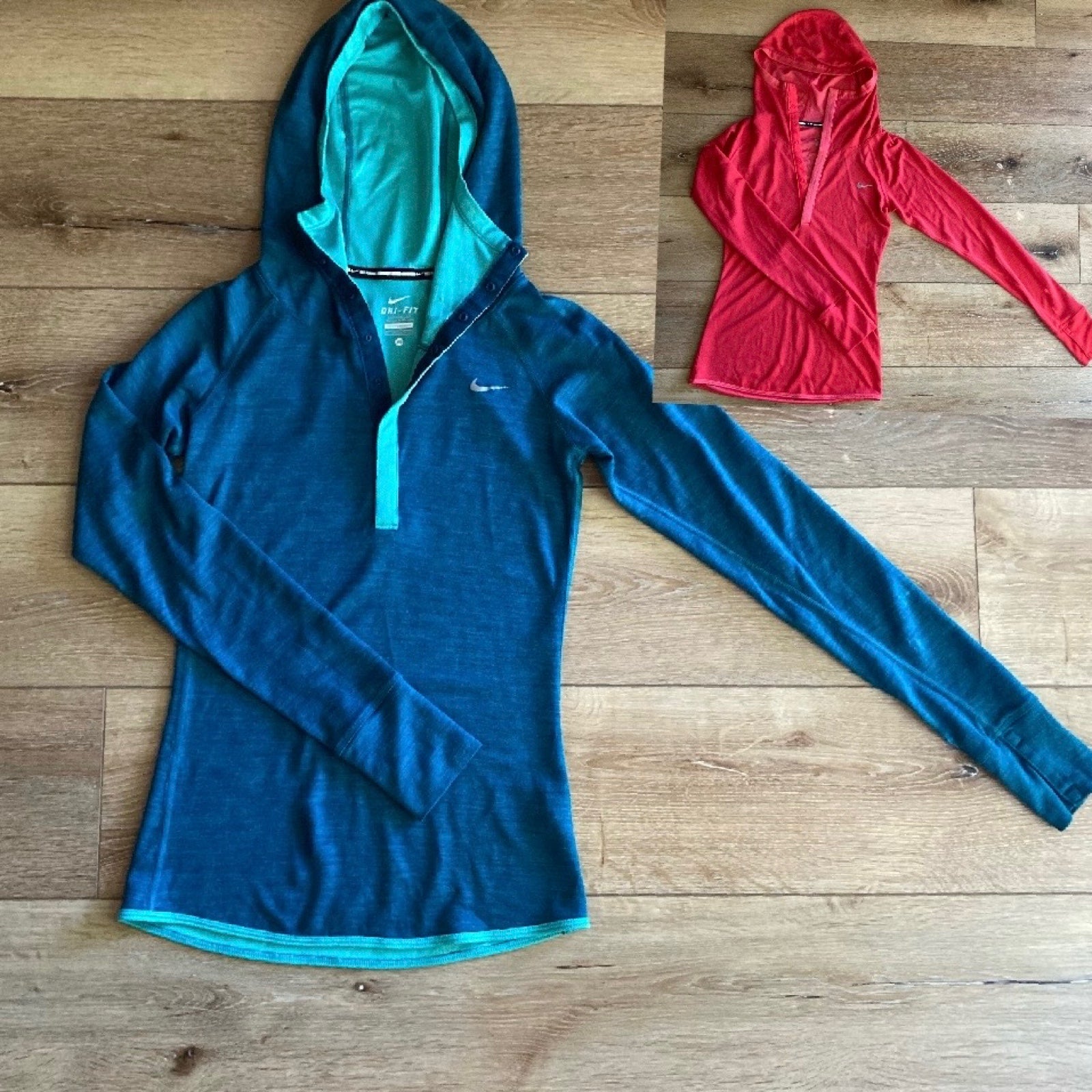 Bundle of 2 Nike Dri Fit Running Hoodies XS extra small red blue athletic top