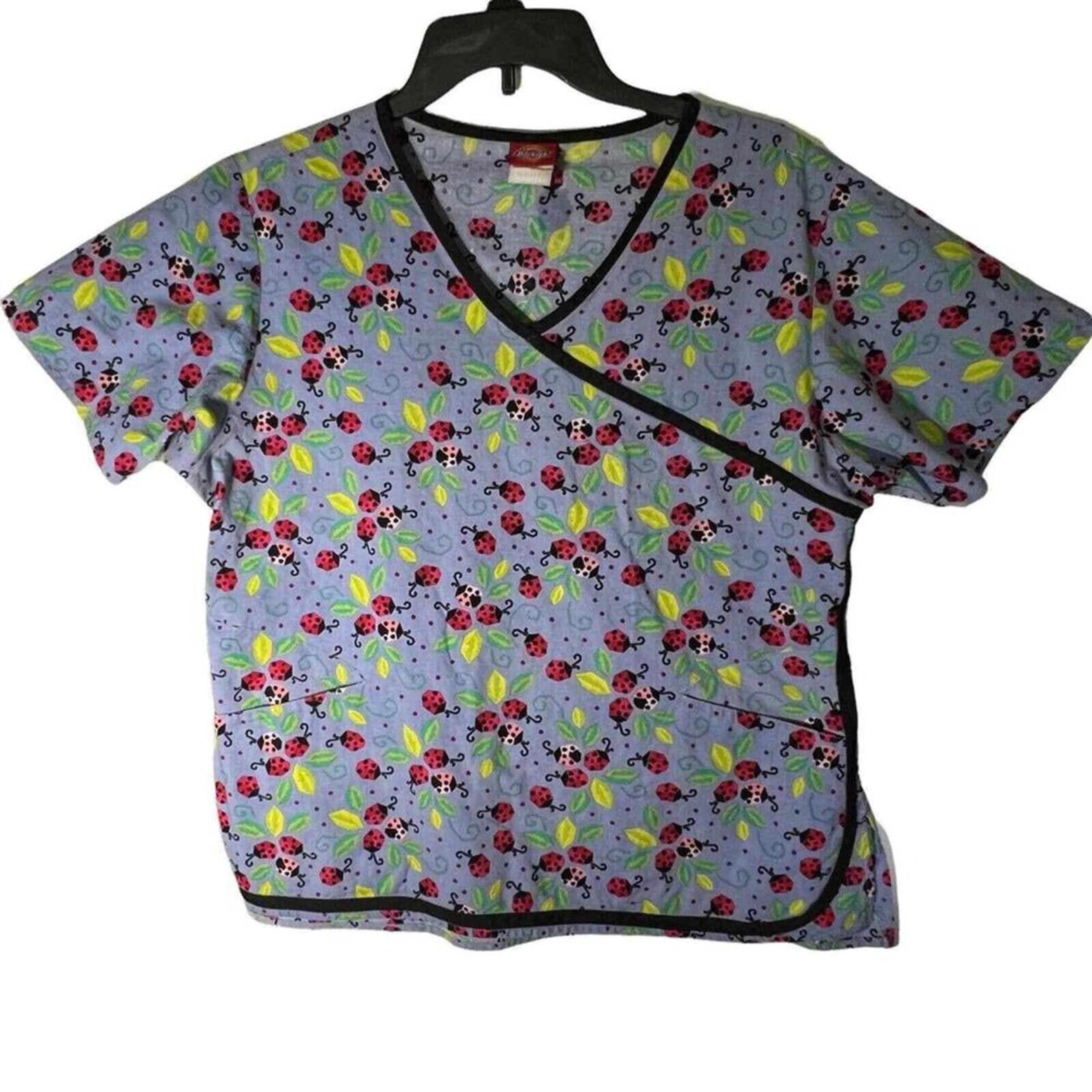 Dickies Adult Size Small Scrub Top Medical Uniform Ladybug Multicolor
