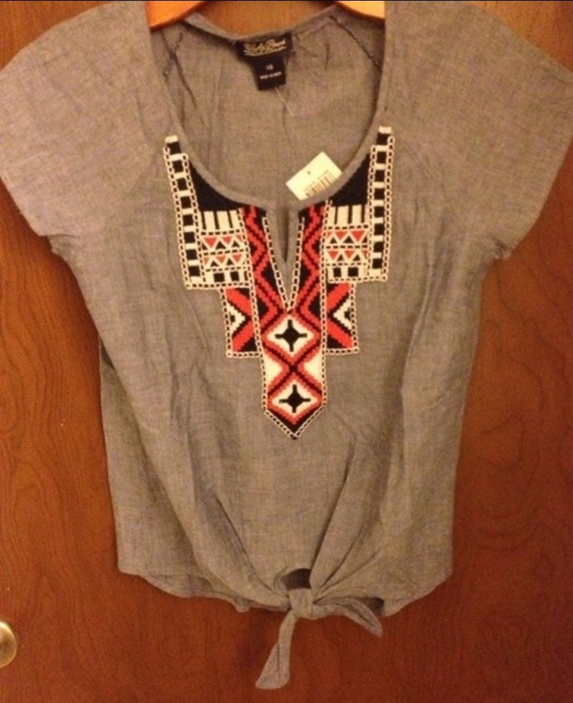 Lucky Brand Denim Embroidered Tie Front Tunic