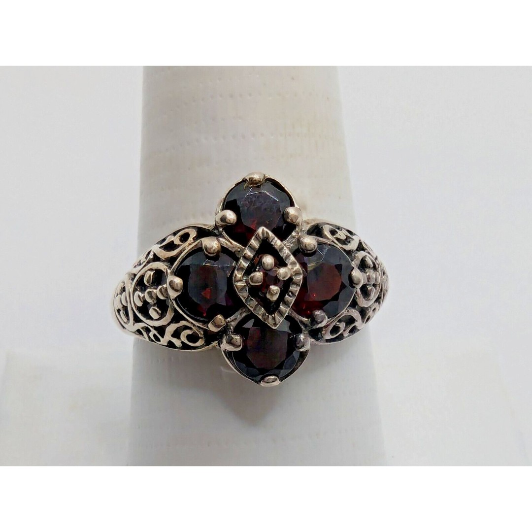 Sterling Silver 925 Filigree Garnet Ring Size 9.75