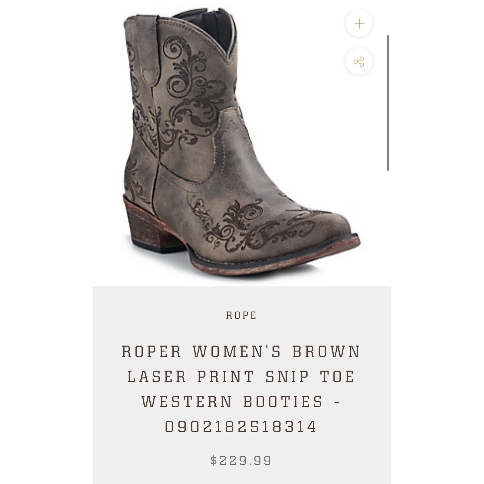 ROPER BROWN LASER PRINT SNIP TOE WESTERN BOOTIES Western Country Rodeo Sz.7.5