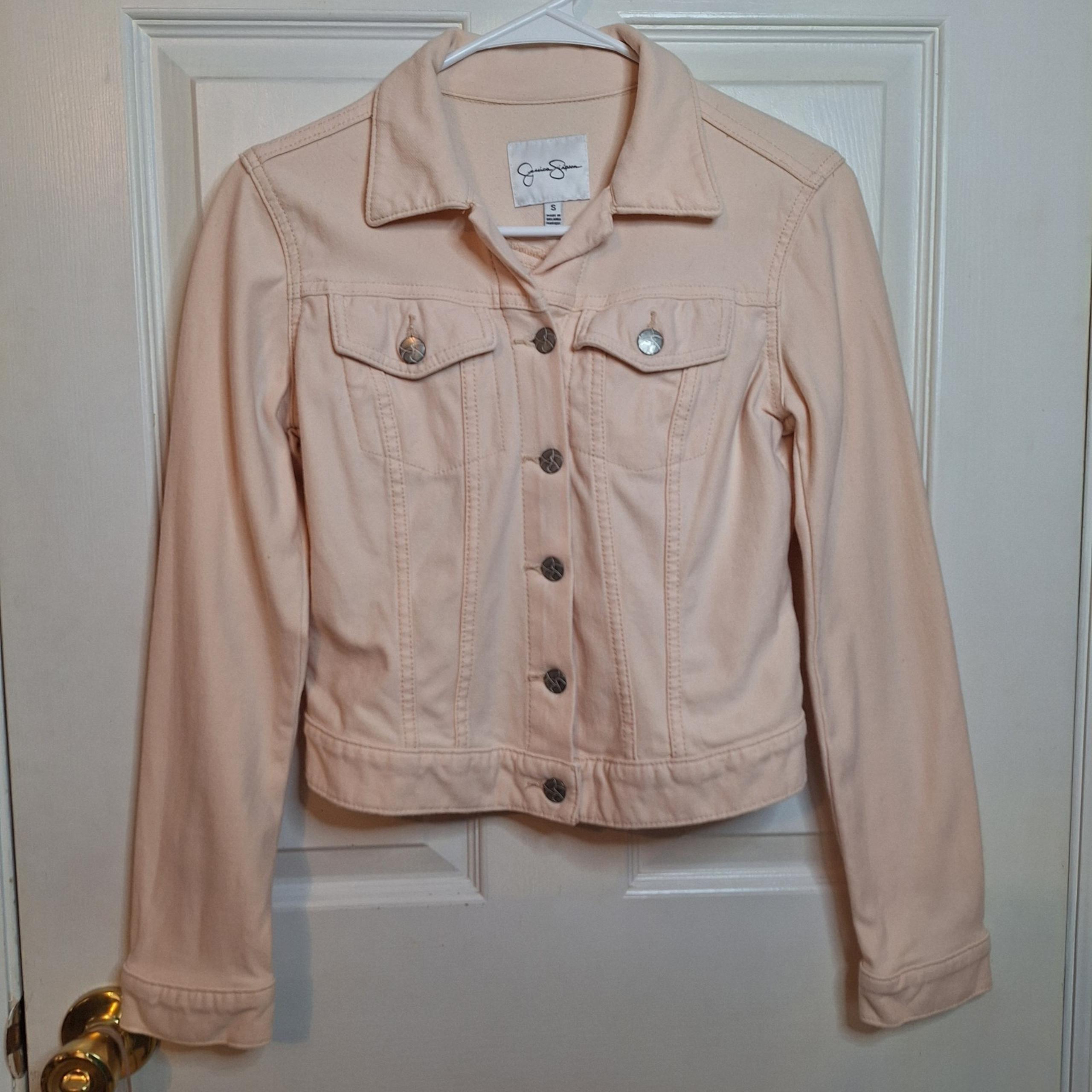 Jessica Simpson Pale Pastel Pink Y2K Denim Jean Jacket Cropped Coquette Size S