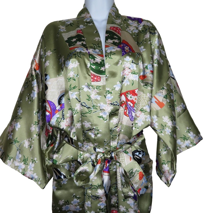 Vintage Full Length Satin Kimono Robe OS Green Keisha Fans Floral Belted NWT