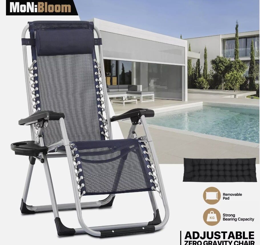 [DETACHABLE CUSHION+CUP HOLDER]Zero Gravity Chair Foldable Beach Lounge Recliner