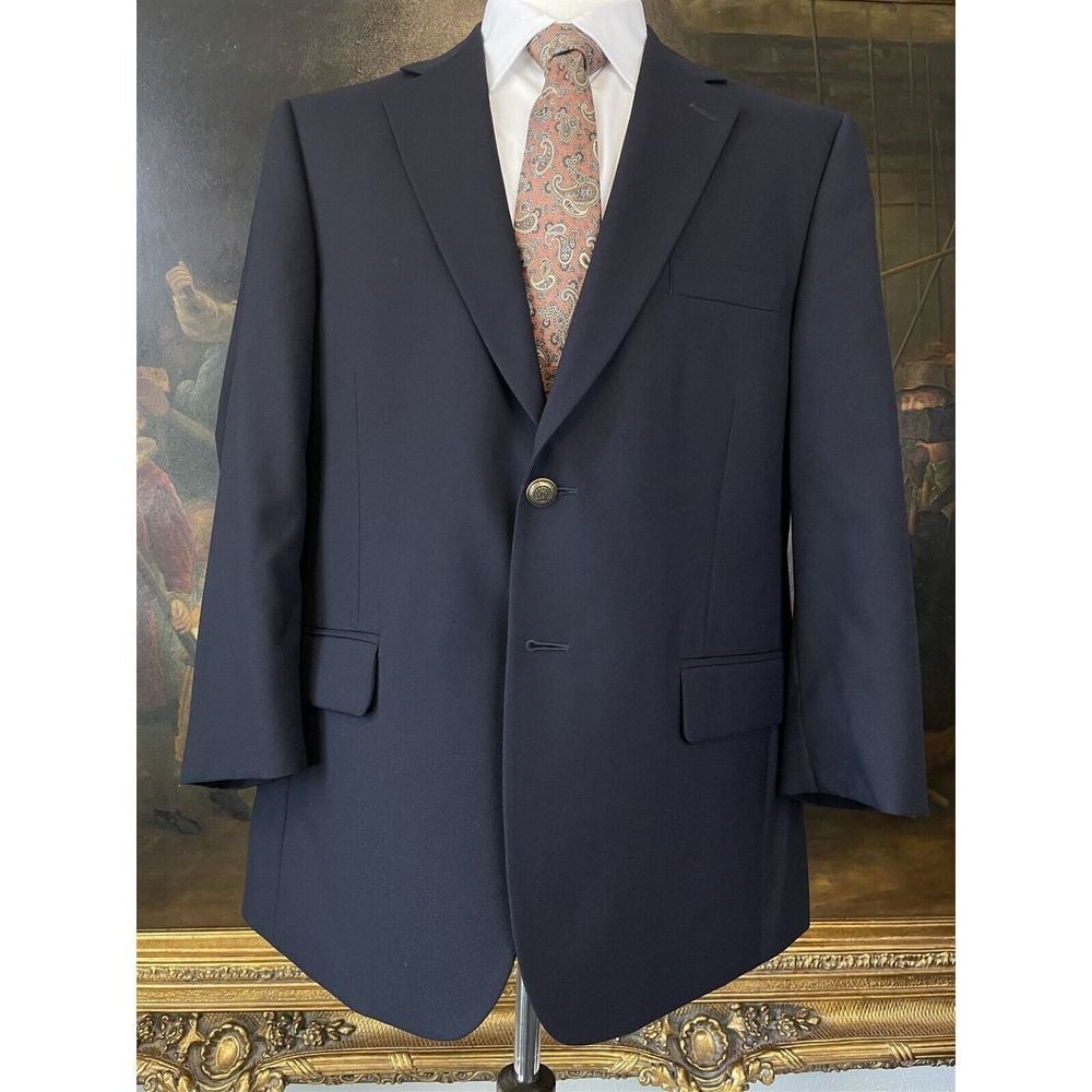 Saddlebred 42S Navy 100% Wool Hopsack Crest Button 2Btn Blazer Sport Coat Jacket