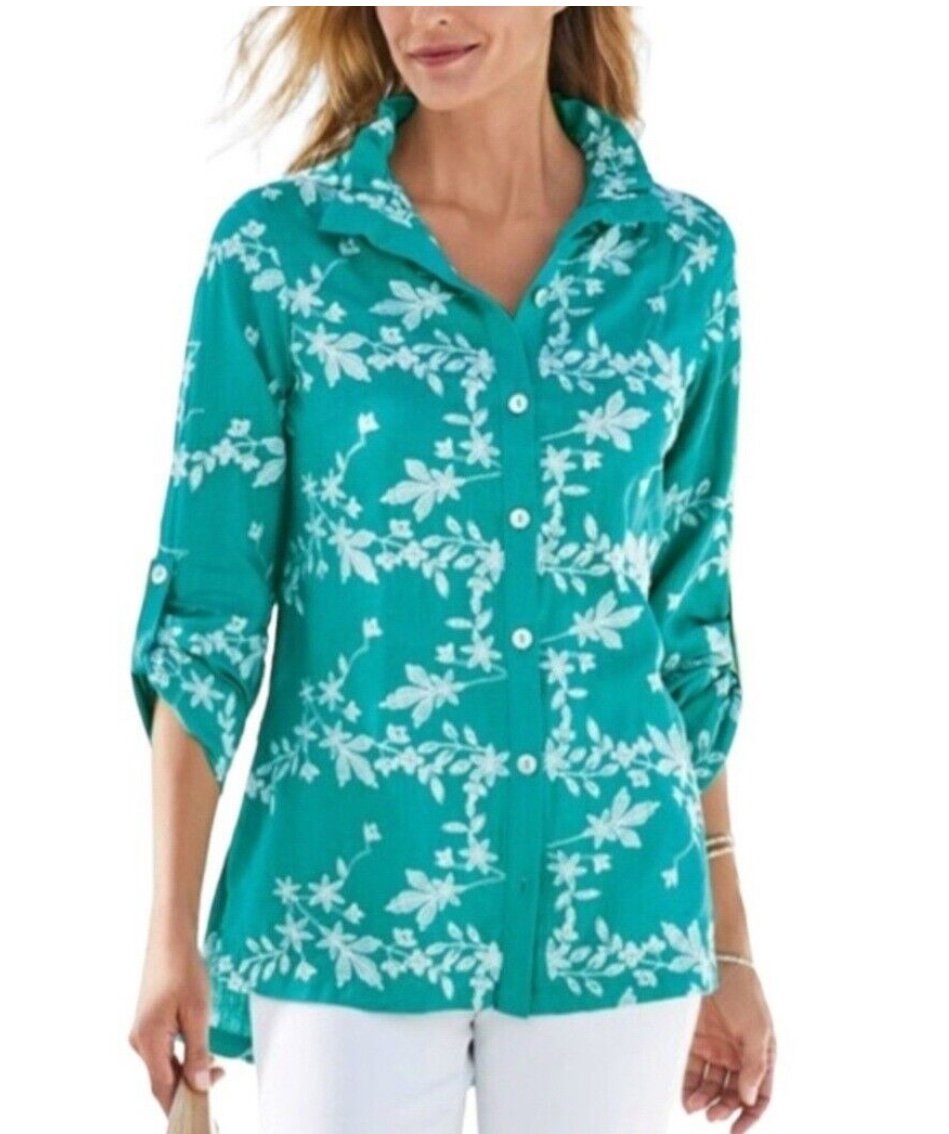 Soft Surroundings Blue 3/4 Sleeve Button Down Shirt
