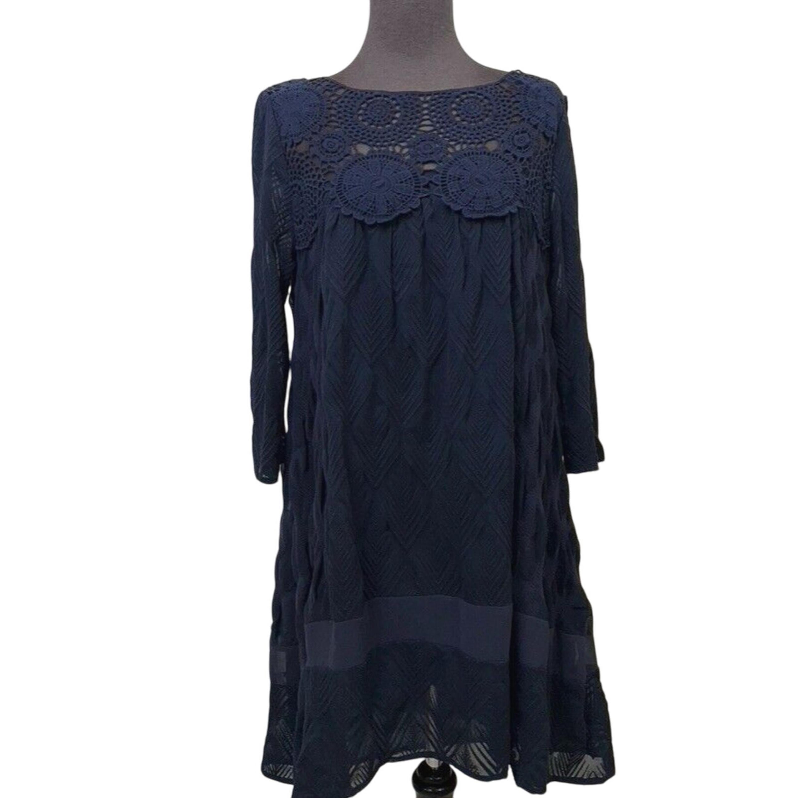 Antrhopologie Holding Horses Dress Blue Small Swing Trapeze Lined 3/4 Sleeve