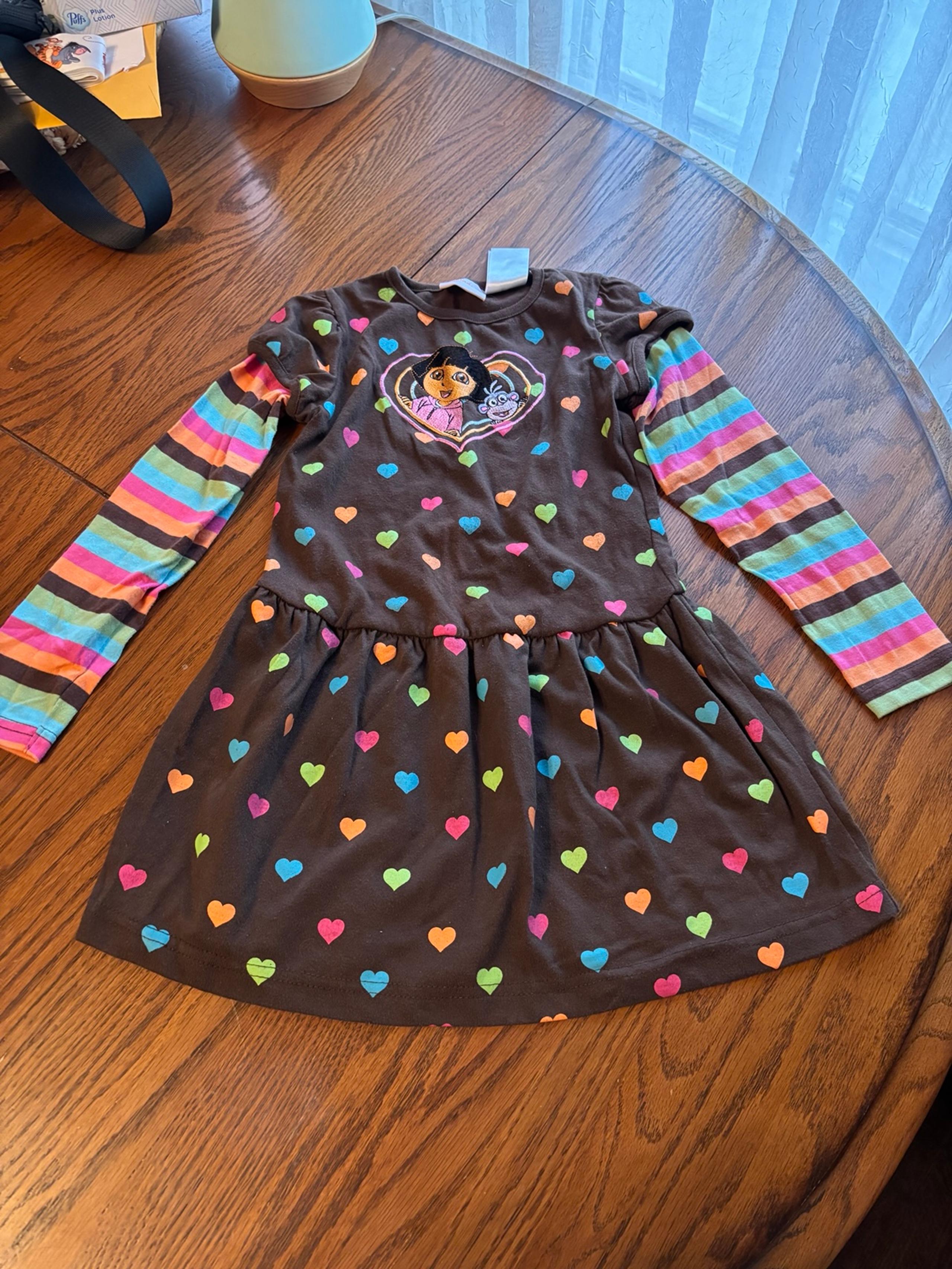 Vtg Dora the explorer girls 6X dress hearts stripes rainbow