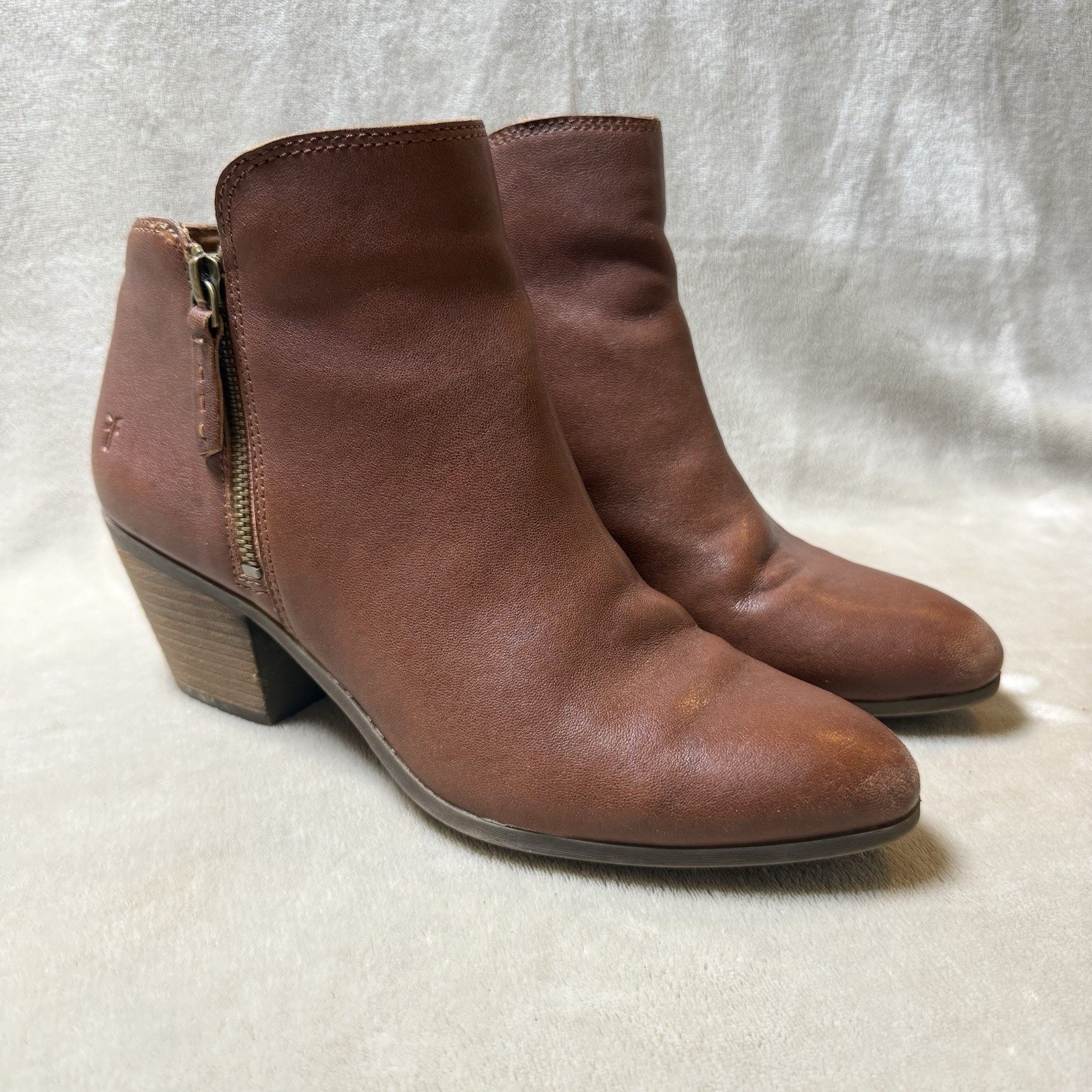 Frye Judith Double Zip Heel Block Ankle Booties US 9.5 M Women's Brown Leather