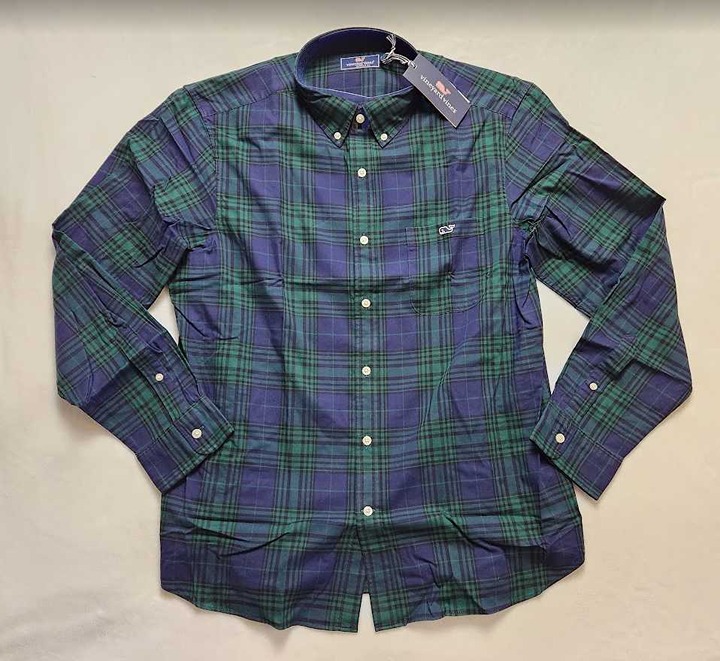 New men's L Vineyard Vines cotton twill blackwatch plaid button down shirt