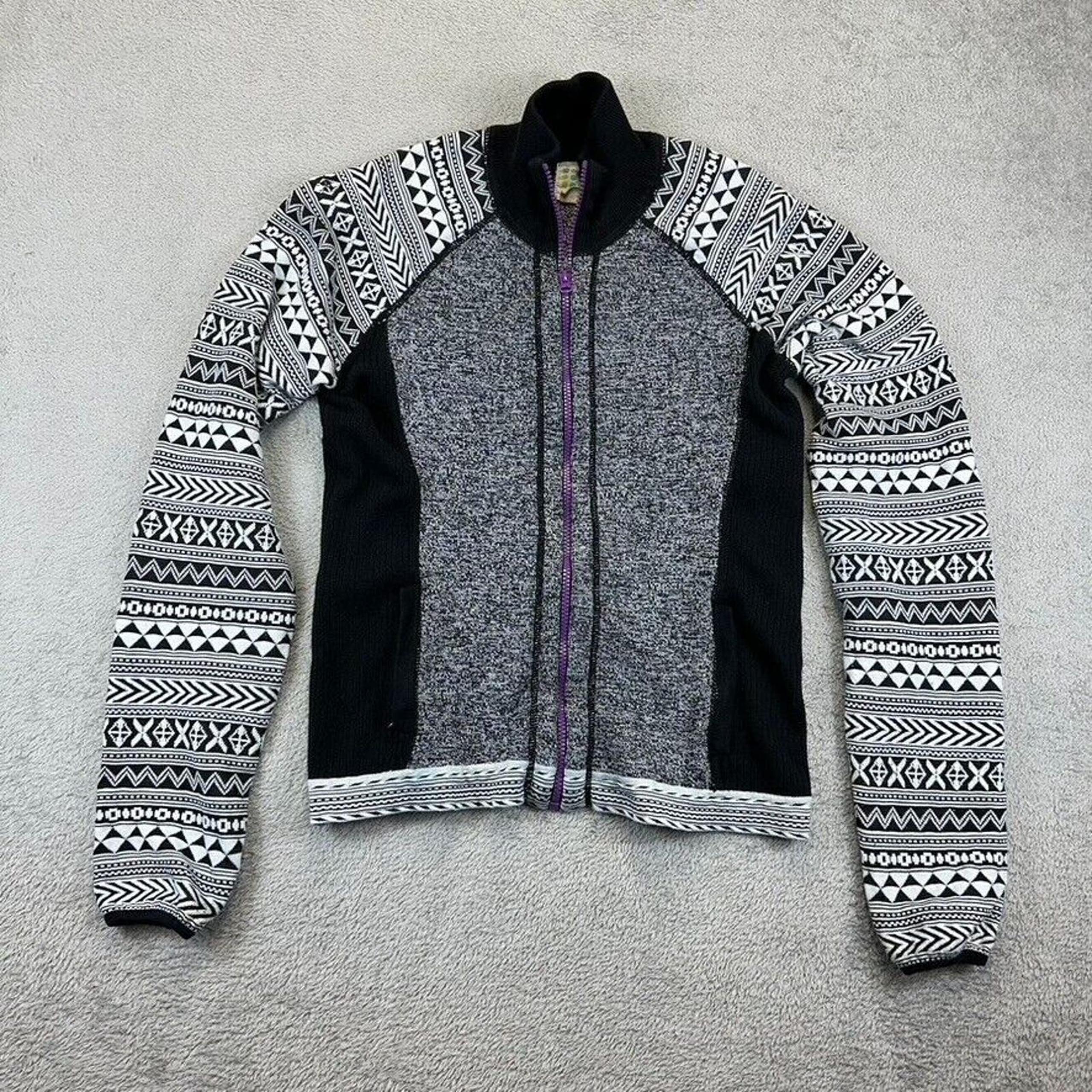 Title Nine Merino Wool Blend Black White Nordic Full Zip Contrast Womens Small