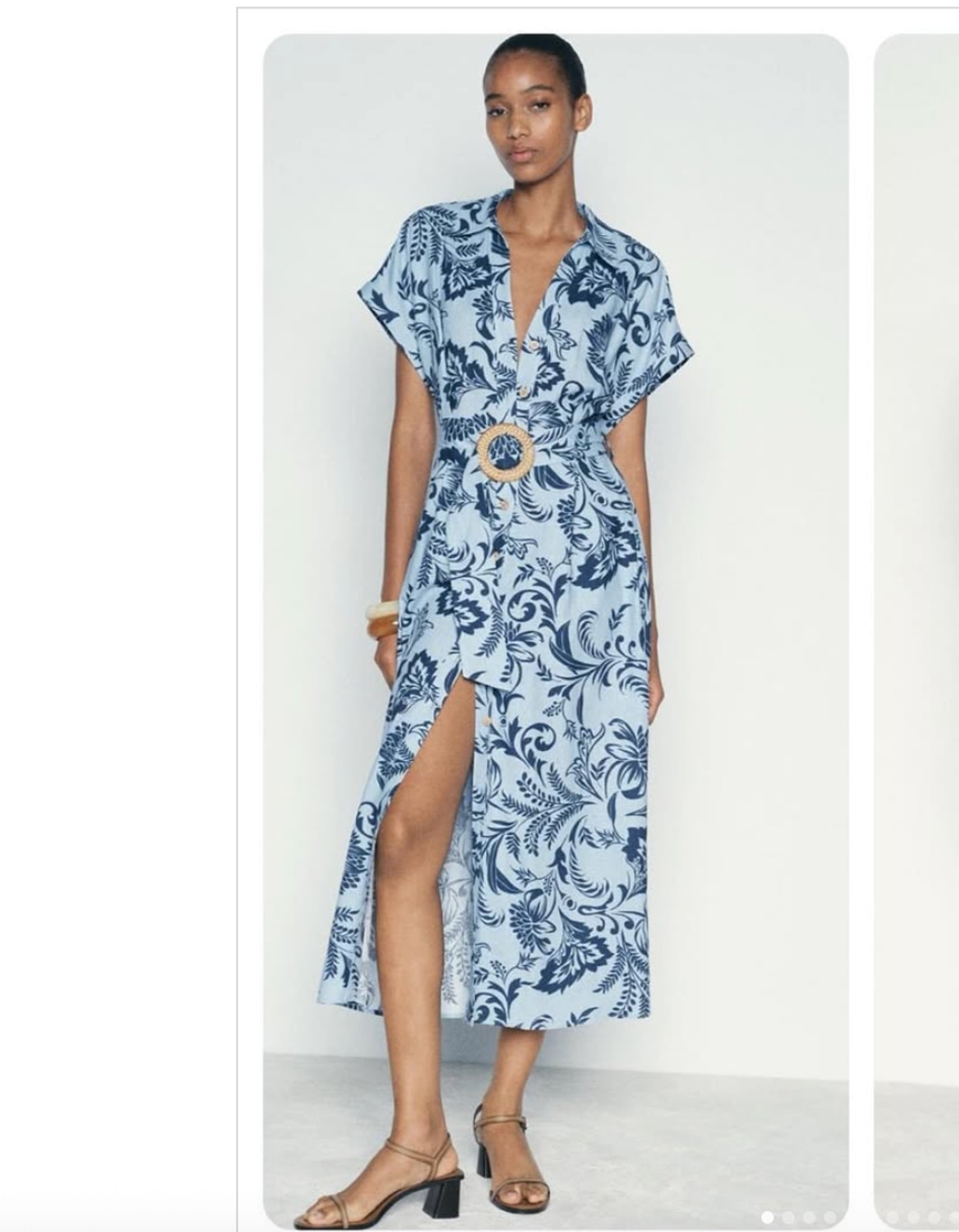 Zara Linen blend printed shirtdress Size L Blue
