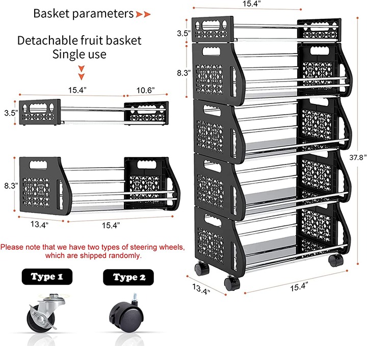 5 Tier Fruit Vegetable Basket, Stackable Storage Cart with Wheels, Produ