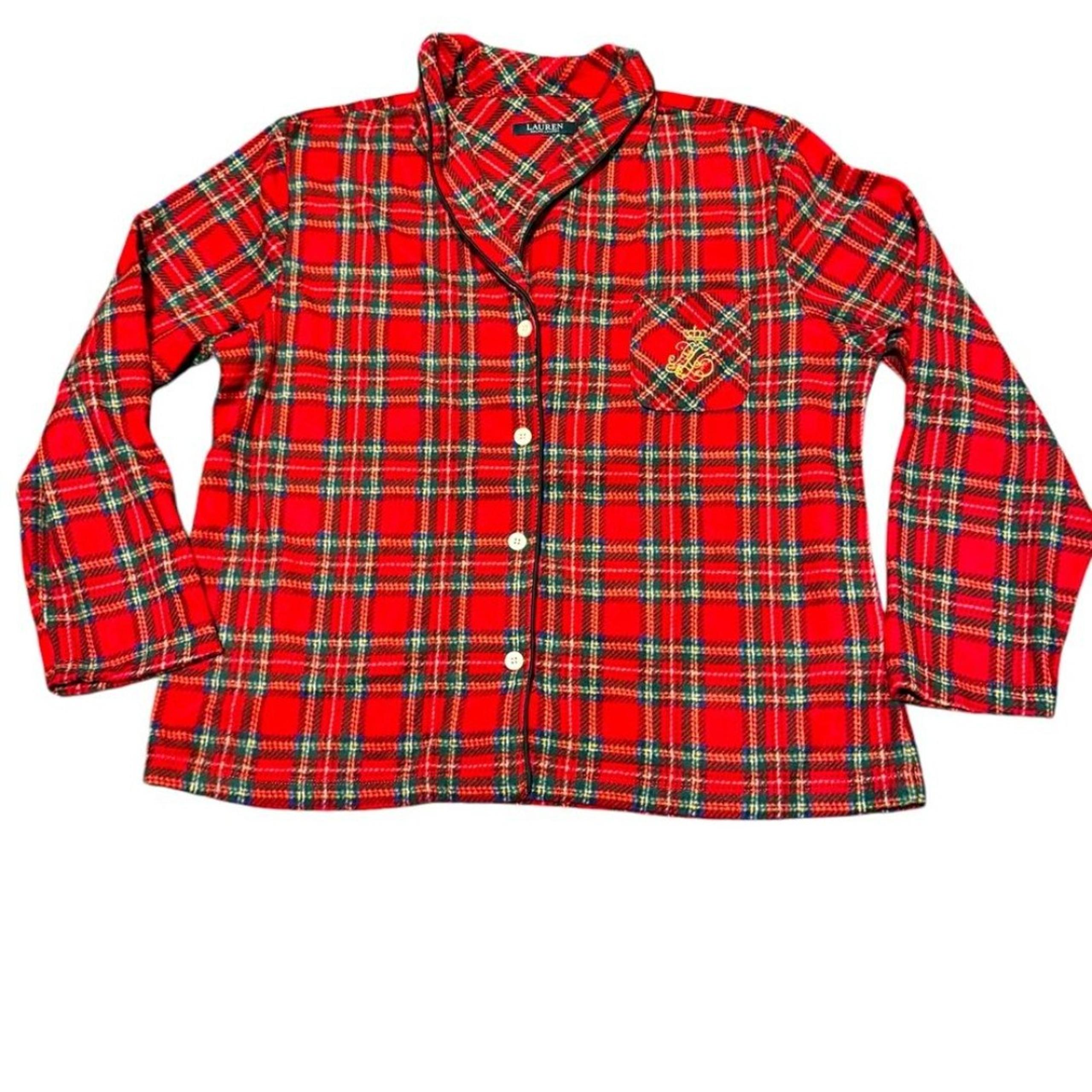 Women’s Lauren Ralph Lauren Red Plaid Pajama Top Button Down Monogram Christmas