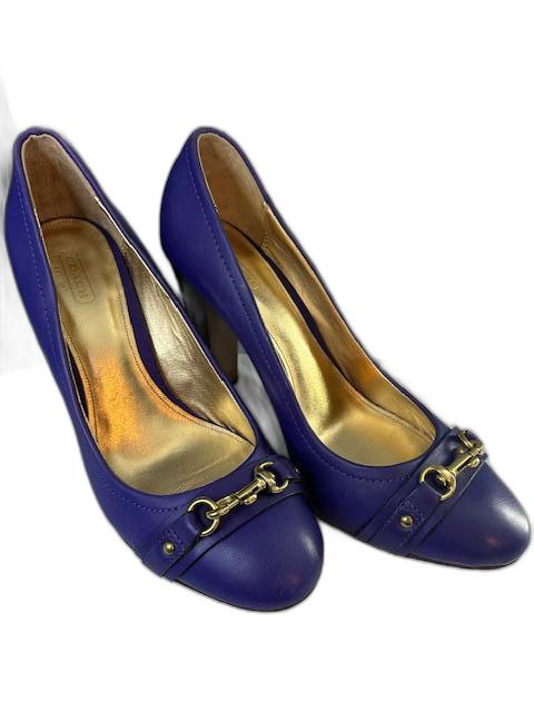 Coach Desaree Purple Block Heel Pumps Gold Hook Buckle Accent 10