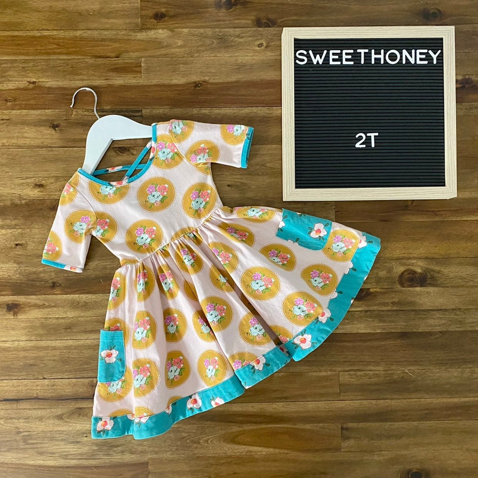 SweetHoney Knit Flair Dress Sewing Class Pink Blue Gold Floral Short Sleeve 2T